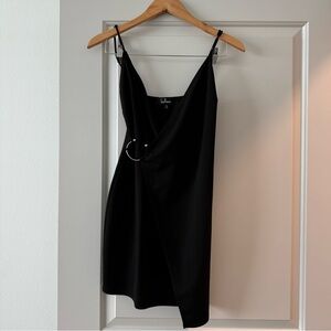 LULU'S Black Sleeveless Faux Wrap Silver Ring Mini Dress